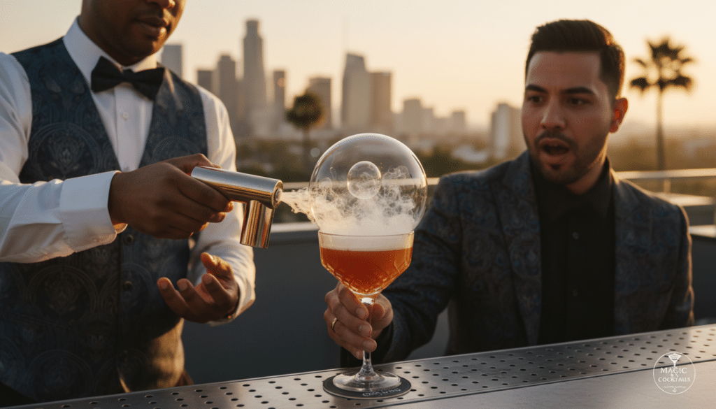 rooftop party with magic bartender