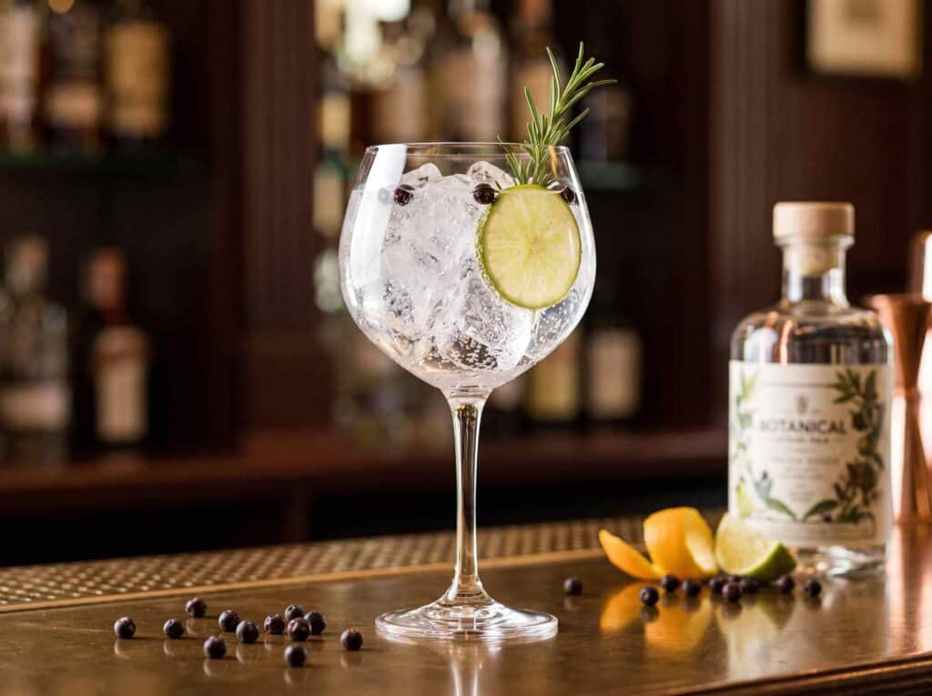 Gin and tonic garnished with juniper berries, lime and rosemary